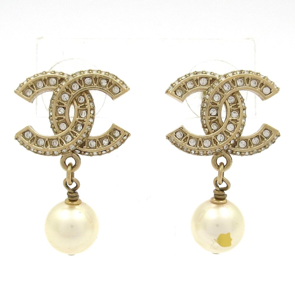 Chanel Coco Earrings Gold White Clear Hardware Faux Pearl Rhinestones